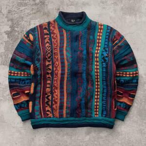 Coogi Style Wool Sweater Green Orange Red Geometric Knit Jumper M Vintage Multi